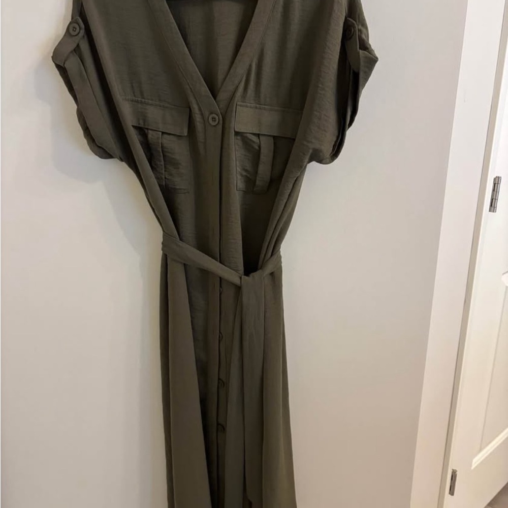 Olive Green Belted Button-Front Women's Dress